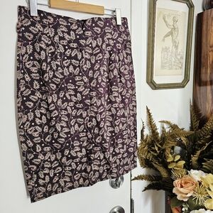 Collectif Floral Patterned Purple Brown Retro Cotton High Waist Pencil Skirt